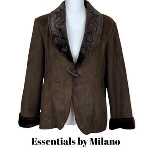 Essentials by Milano Vegan Suede & Fur Embroidered Coat NWOT Size L